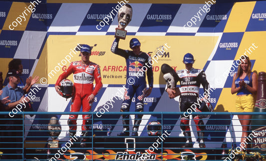 2000 Phakisa SA GP 500 podium Gary McCoy centre, Carlos Checa left, Loris Capirossi right (Colin Watling Photographic) (92)