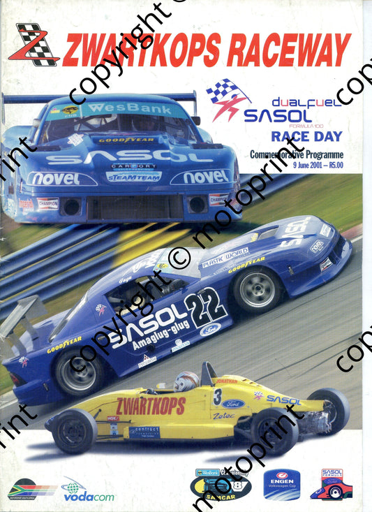 2001 June Zwartkops Cover, Wesbank V8, VW Cup, FF, Porsche Challenge, SBK, Classic MC, racing and sports car descriptions
