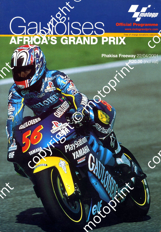 2001 SA Moto GP Phakisa map, colour profiles all riders; entry list 500, 250, 125  001