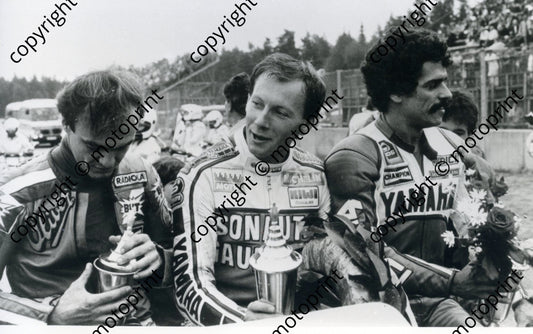 Christian Sarron centre, Herve Guilleux (L) Carlos Lavado (R) after Swedish GP win393.jpg