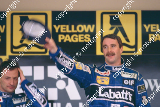 Nigel Mansell, winner; Riccardo Patrese 2nd left  07759 (courtesy Roger Swan) (31)