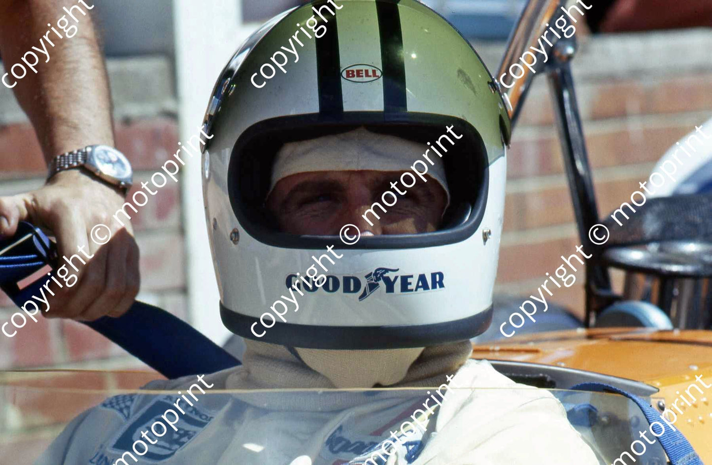 P Hulme being buckled up